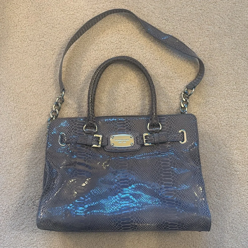 MICHAEL KORS | Python embossed hamilton handbag in pewter - EUC